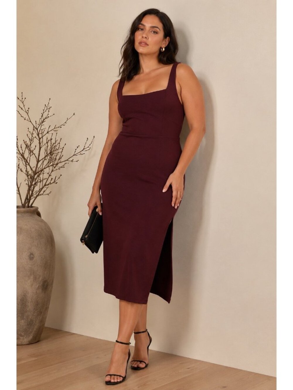 Lulus Vibrant Allure Midi Dress Sz XL Plum Square Neck Pencil Sheath Minimalist